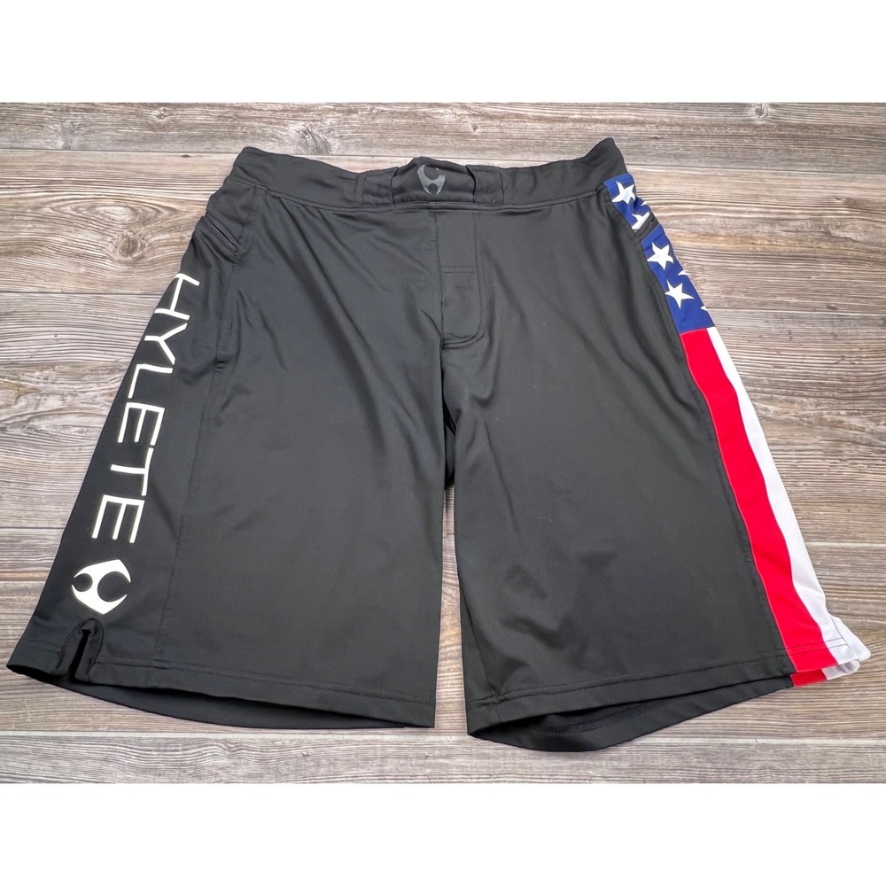 Hylete‎ Performance Shorts Mens MED 11" Black USA Flag Stretch Gym Athletic